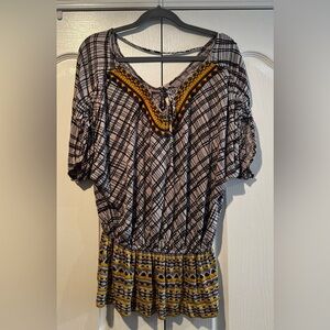 Anthropologie Purple & Black Plaid with Yellow Embroidery Peplum Blouse - Size S